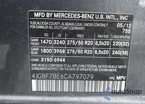 2012 Mercedes-Benz Gl 450 4Matic из США, поврежденный, VIN 4JGBF7BE6CA797079